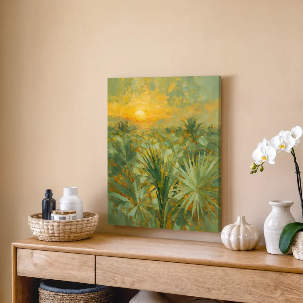 Palmboom in het landschap in mint, canvas schilderij uit de collectie jungle & tropisch