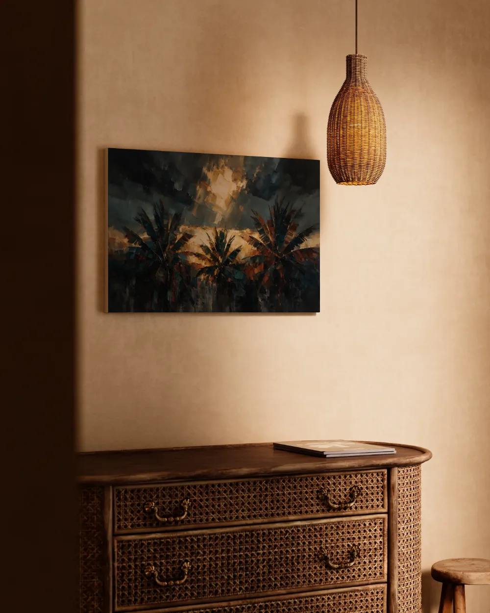 Palmboom onder een storm in roest, canvas schilderij uit de collectie jungle & tropisch