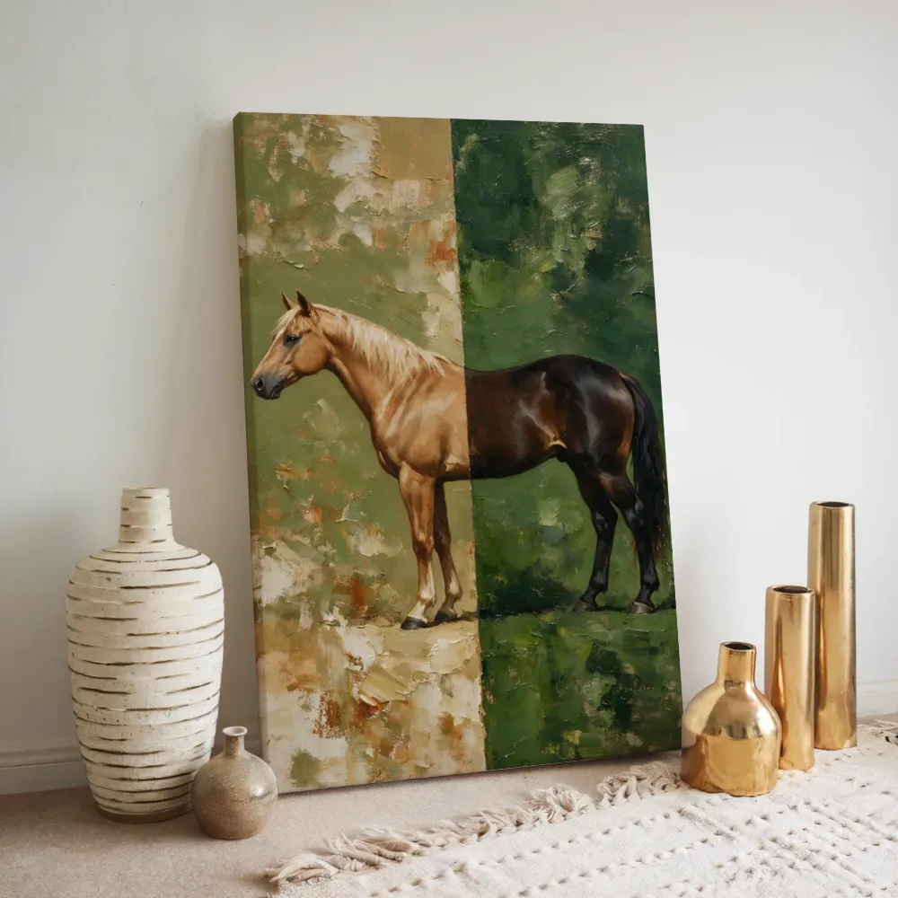 Paard in twee kleurzones, olijfgroen met mosterd, canvas schilderij uit de collectie kaki
