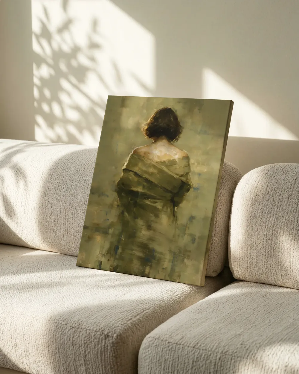 Vrouw uitgeveegd en op de rug gezien in kaki, canvas schilderij uit de collectie kaki