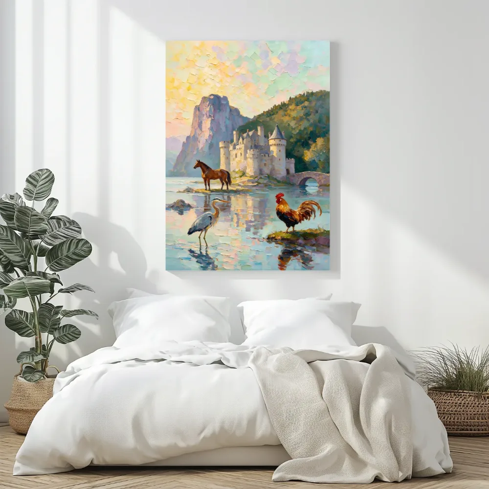 Kasteel licht in het volle beeld tegen een muur in de schaduw, canvas schilderij uit de collectie kastelen