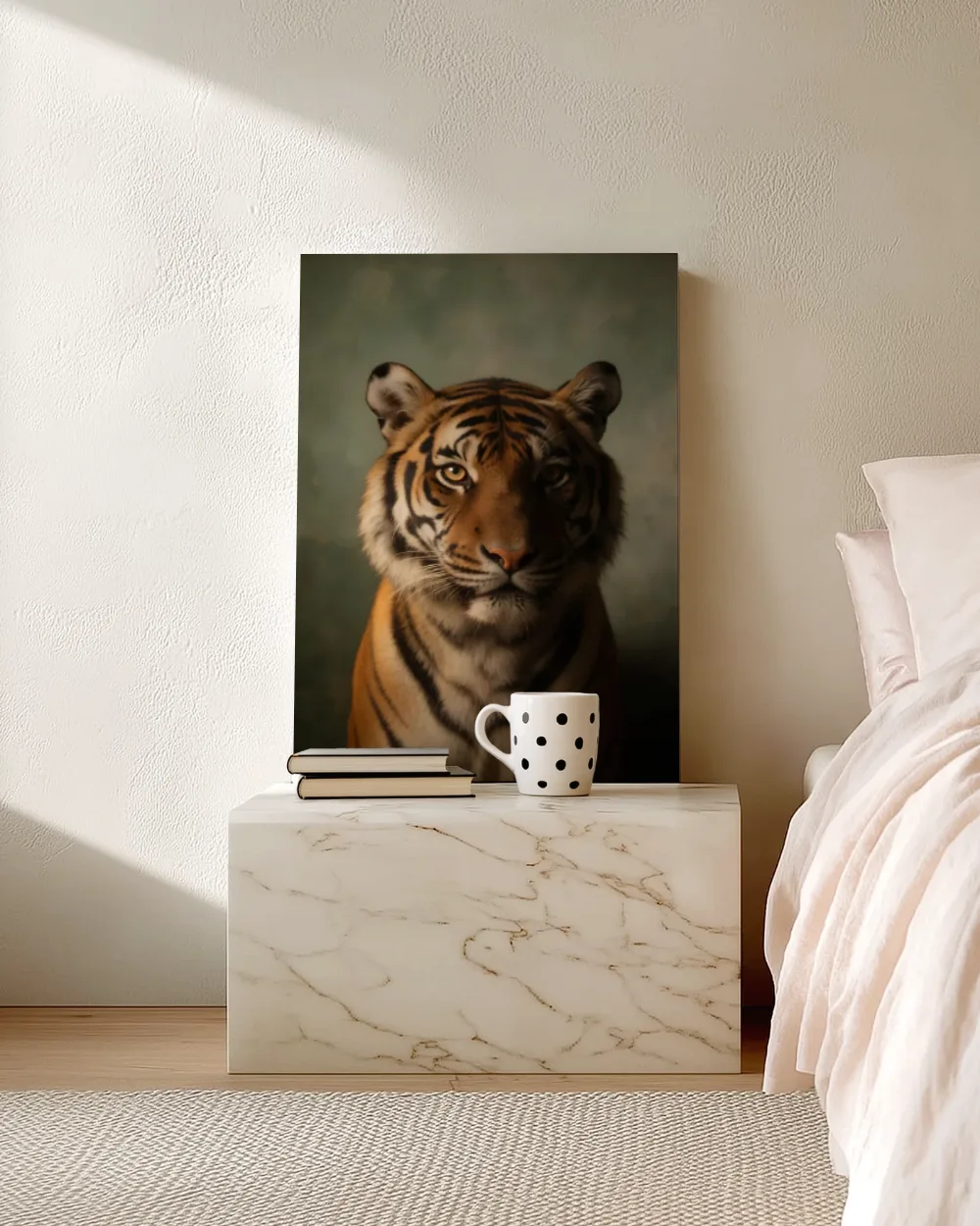 Bengaalse Tijger van voren in salie, canvas schilderij uit de collectie katachtigen
