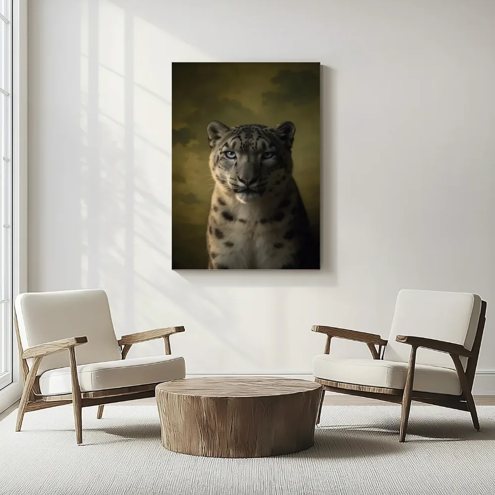 Sneeuwluipaard van voren in olijf, canvas schilderij uit de collectie katachtigen