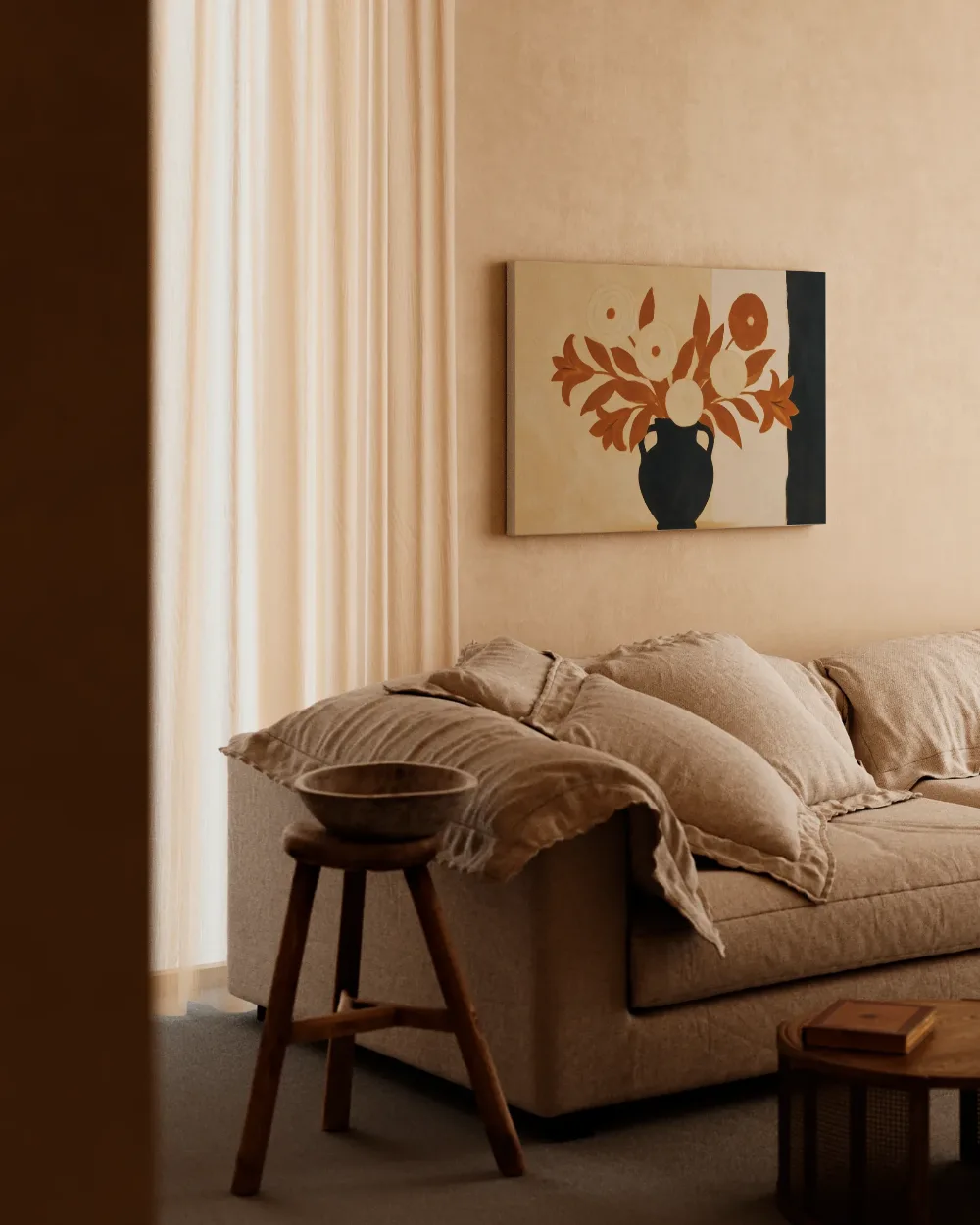 Boeket in een vaas in roest en crème, canvas schilderij uit de collectie keuken schilderijen