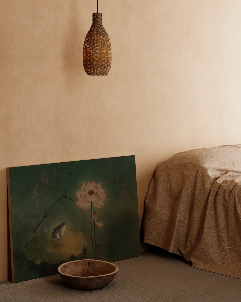 Kikker op een lotusblad in dennengroen, canvas schilderij uit de collectie kikkers