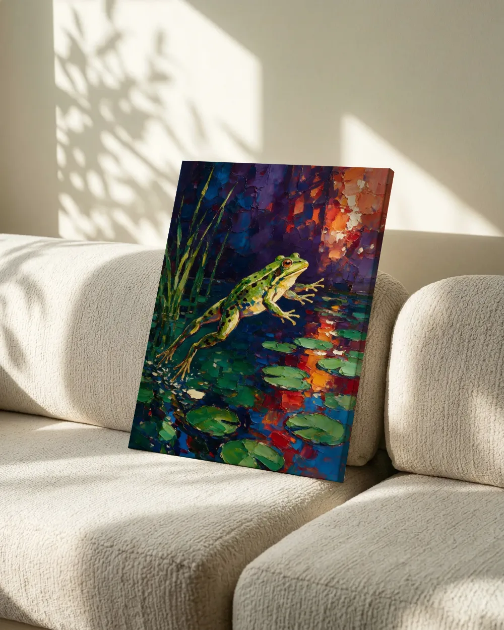 Kikker in warme beweging tegen een muur in de schaduw, canvas schilderij uit de collectie kikkers