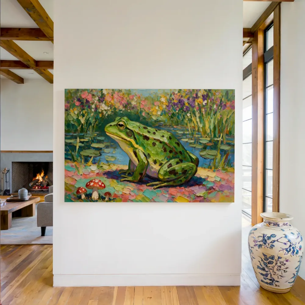 Kikker in warme pose in een bloementuin, canvas schilderij uit de collectie kikkers