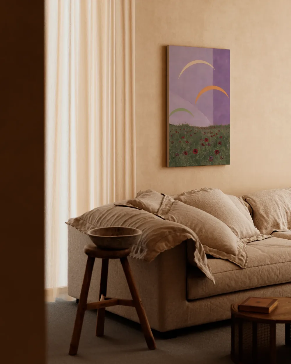 Klaprozenveld in lila en mosgroen, canvas schilderij uit de collectie klaprozen