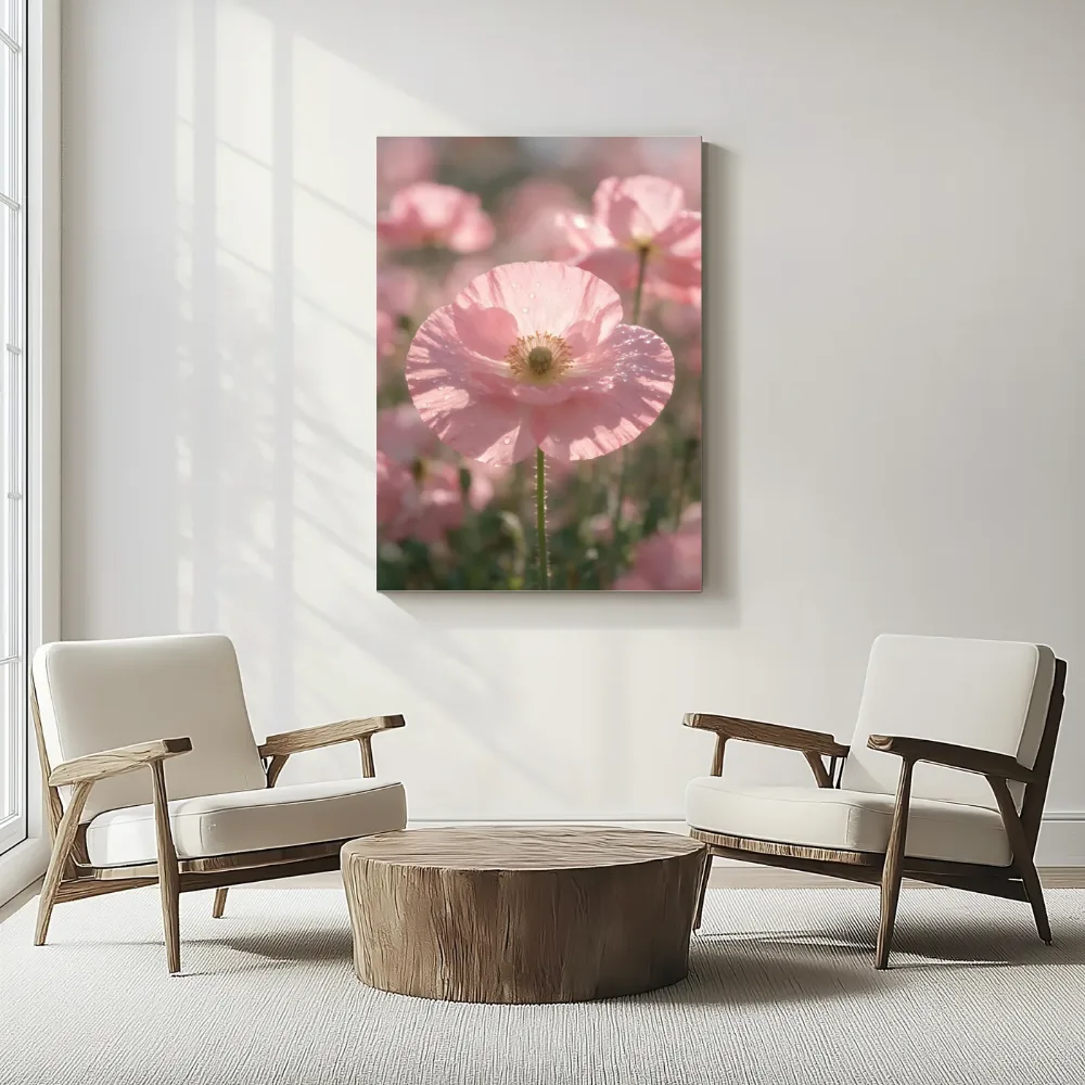 Klaprozen in dauw, glinsterlicht, zachtroze, canvas schilderij uit de collectie klaprozen