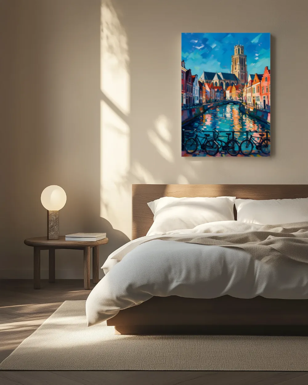 Gracht met kerktoren in kleurrijk modern, canvas schilderij uit de collectie kleurrijk