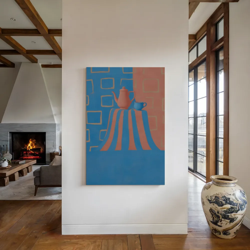 Koffiekan en kop in hemelsblauw en zalm, canvas schilderij uit de collectie kleurrijk