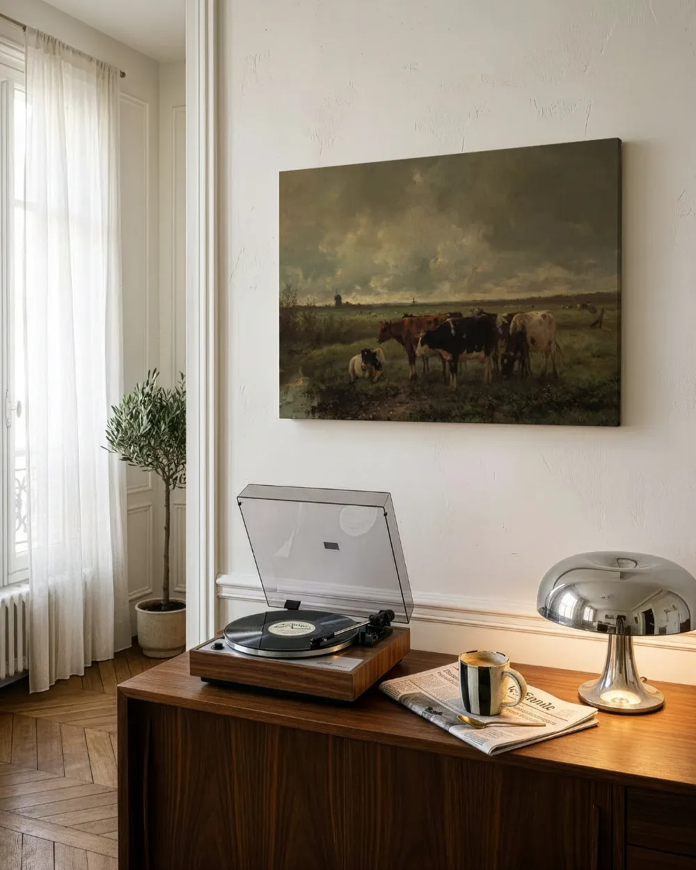 Koeien in een landschap met molen aan de horizon van Anton Mauve, canvas schilderij uit de collectie koeien