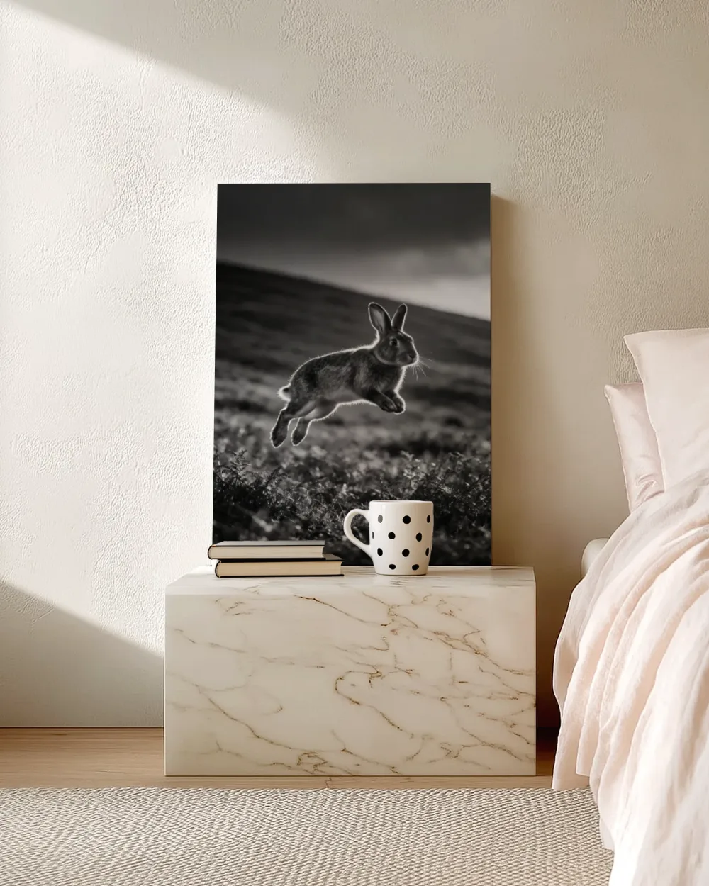 Konijn in beweging, het felle tegenlicht van de ondergaande zon, canvas schilderij uit de collectie konijnen