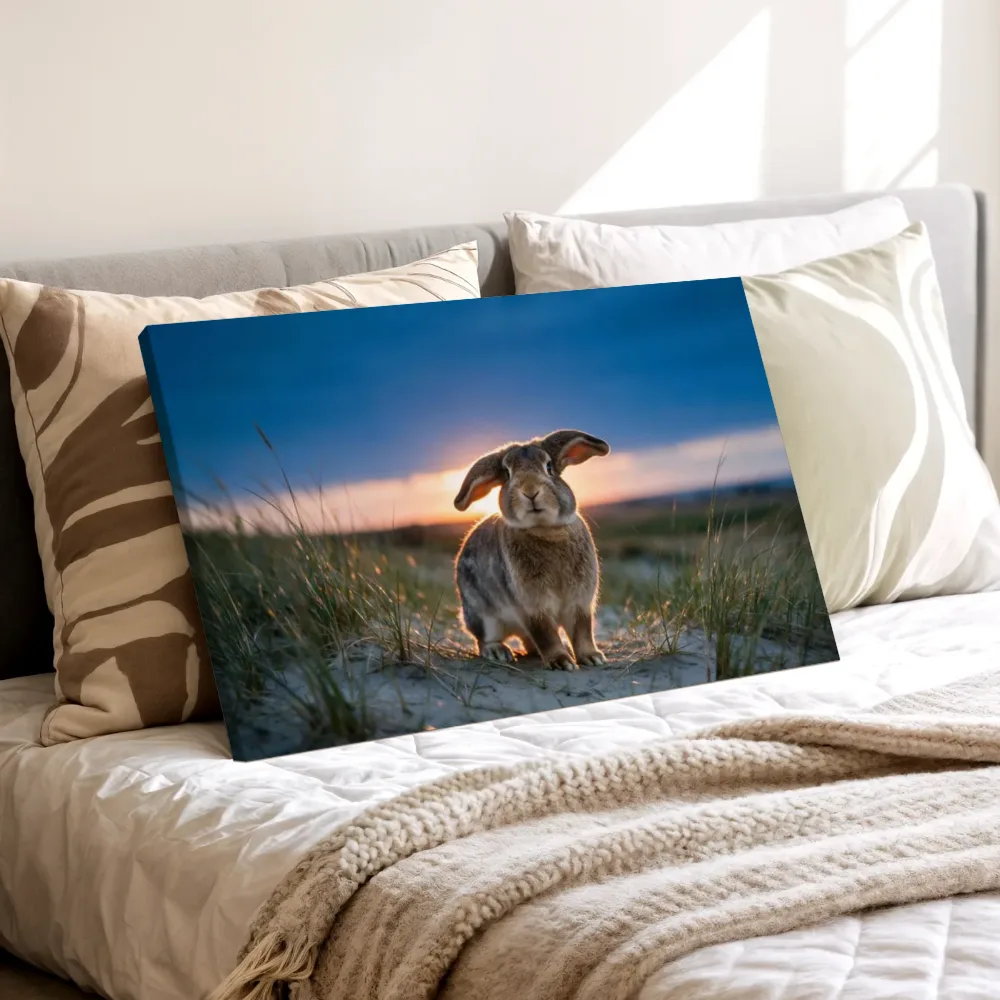 Konijn met flaporen, het felle tegenlicht van de ondergaande zon, canvas schilderij uit de collectie konijnen