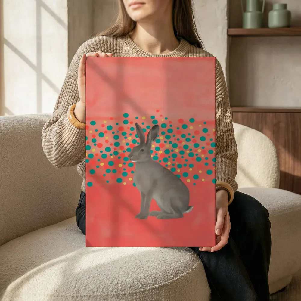 Haas in koraalrood en zeegroen, canvas schilderij uit de collectie koraal