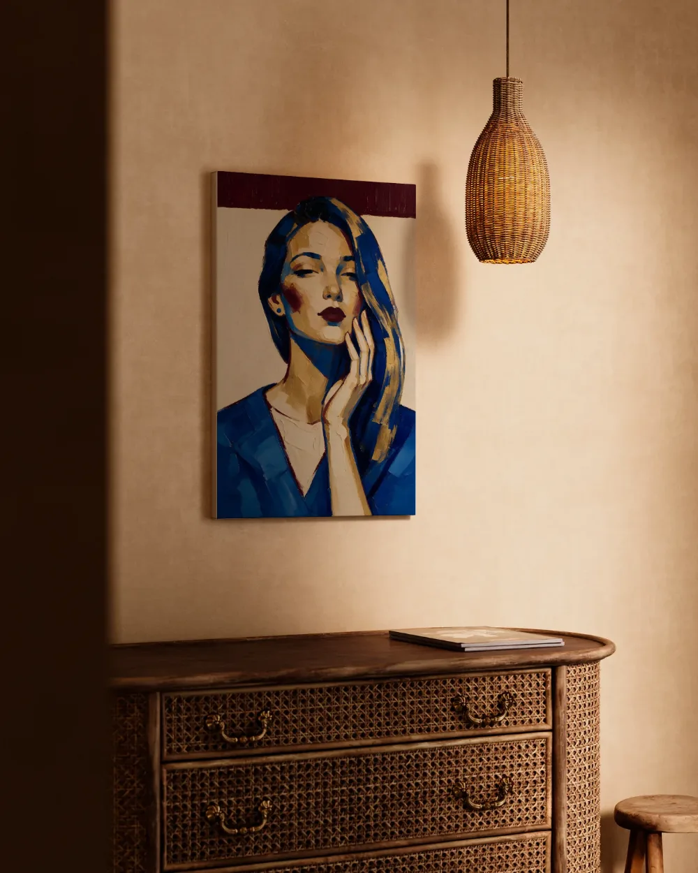 Portret, hand bij het gezicht, olieverf in royal blauw, canvas schilderij uit de collectie krachtige expressie