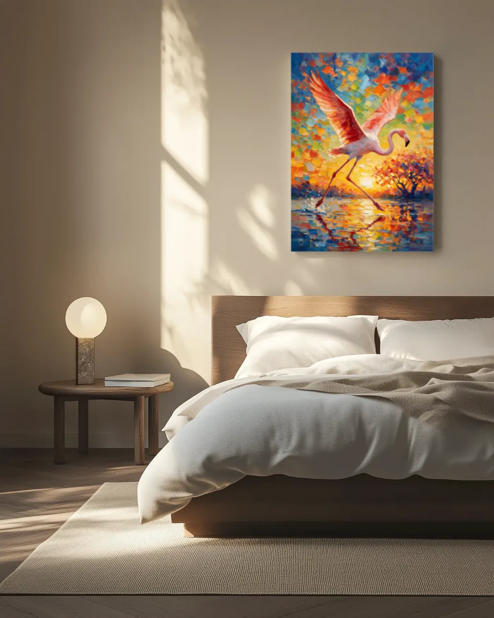 Flamingo in warme beweging bij bloesem, canvas schilderij uit de collectie krachtige expressie