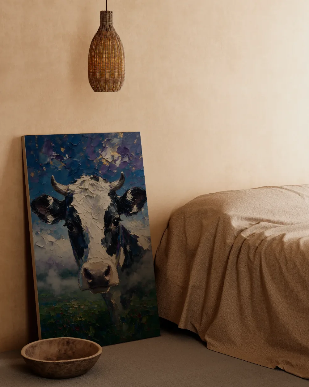 Koe portret diep in de mist, canvas schilderij uit de collectie krachtige expressie