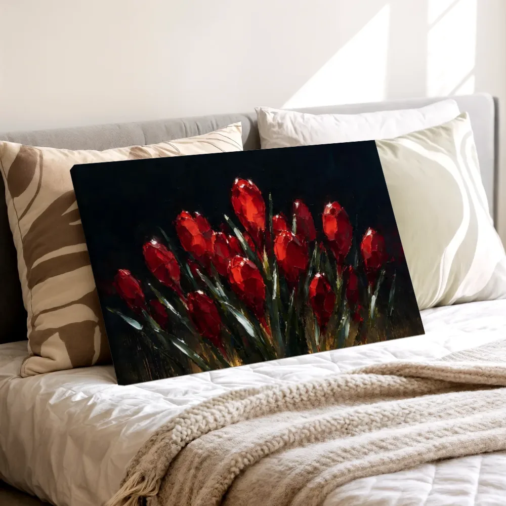 Krokus in groepjes in karmozijn, canvas schilderij uit de collectie krokus