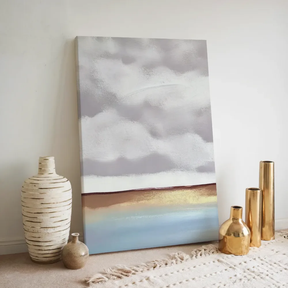 Gouden kustlijn onder bewolkte lucht, canvas schilderij uit de collectie kust