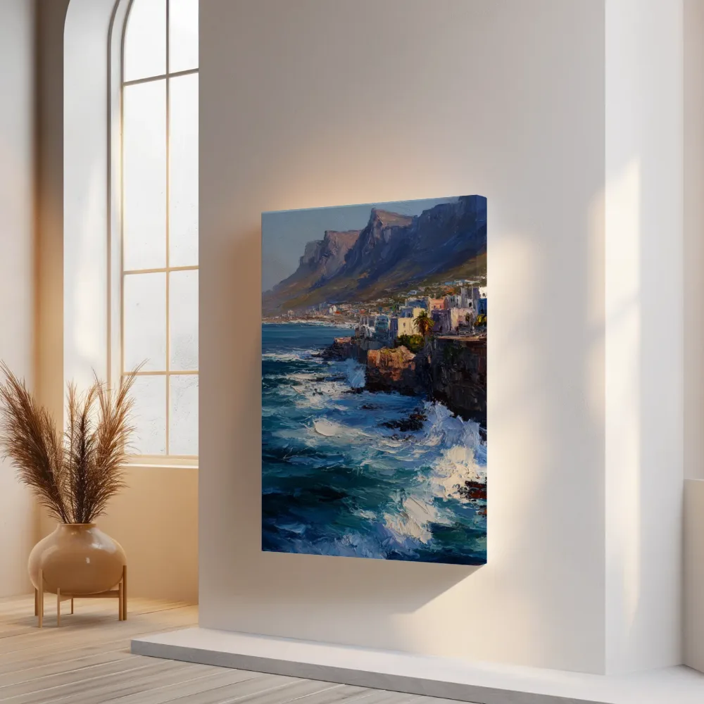 Kustplaats tegen de bergen, canvas schilderij uit de collectie kust