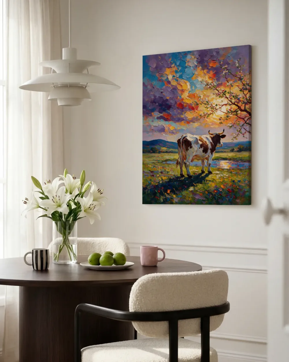 Koe donker in het landschap bij bloesem, canvas schilderij uit de collectie landelijk
