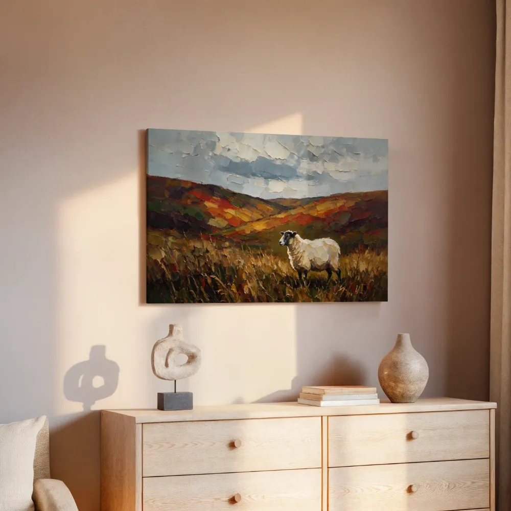 Schaap in het landschap tussen de grassen, canvas schilderij uit de collectie landelijk
