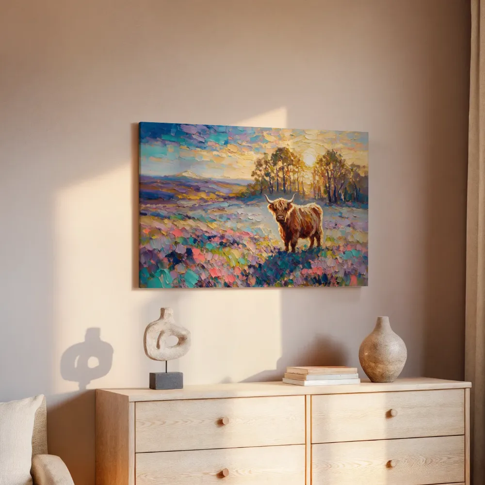 Schotse hooglander in het landschap tussen de bomen, canvas schilderij uit de collectie landschappen