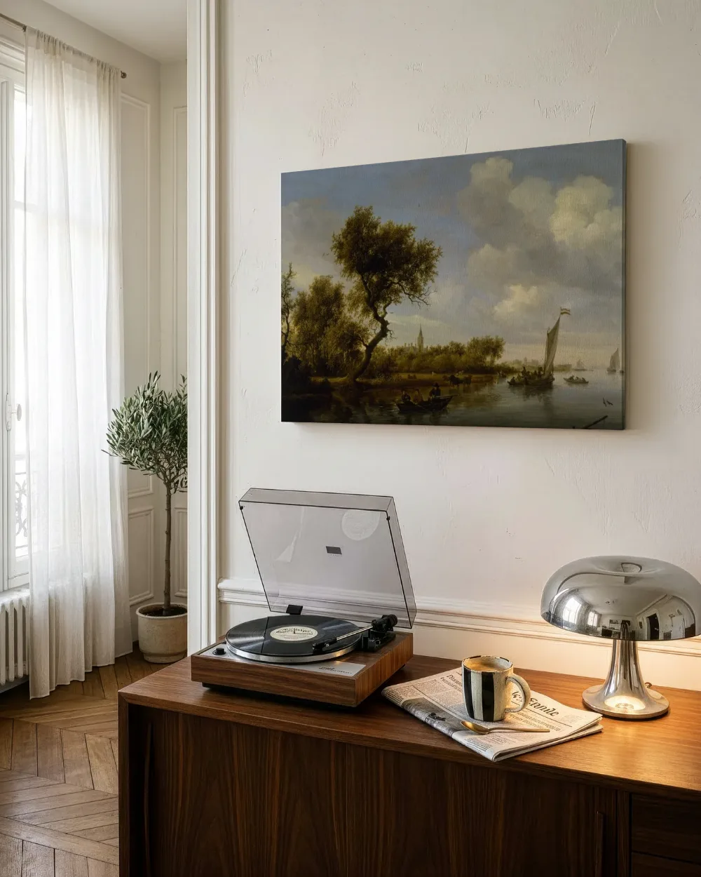 Rivierlandschap met een kerk in de verte van Salomon van Ruysdael, canvas schilderij uit de collectie landschappen