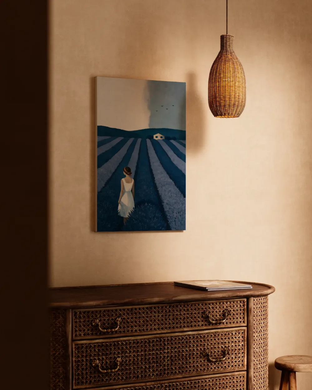 Lavendelveld in kalkwit en zeeblauw, canvas schilderij uit de collectie lavendel