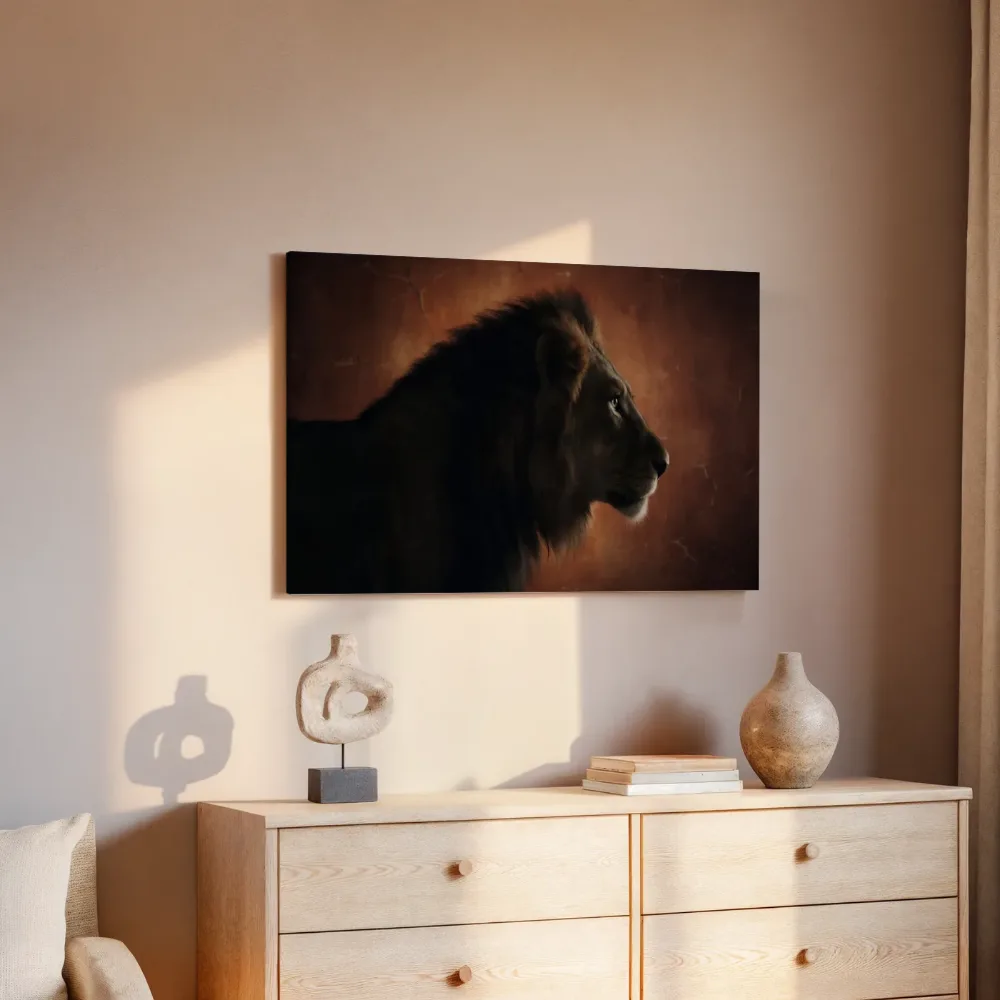 Leeuw met Manen en profil in terracotta, canvas schilderij uit de collectie leeuw