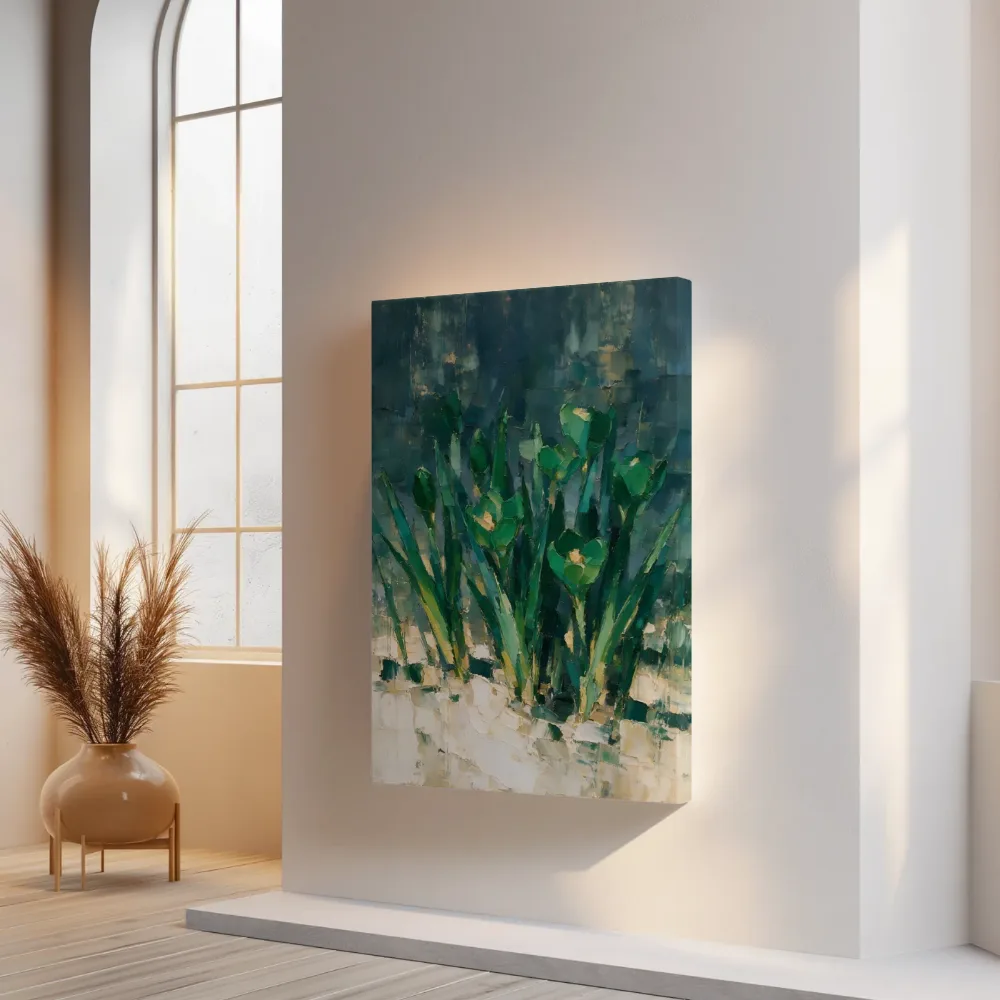 Krokus in groepjes in bosgroen, canvas schilderij uit de collectie lente