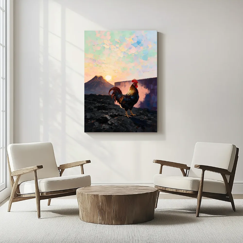 Vulkaan in warm tegenlicht tegen een muur in de schaduw, canvas schilderij uit de collectie lichtval