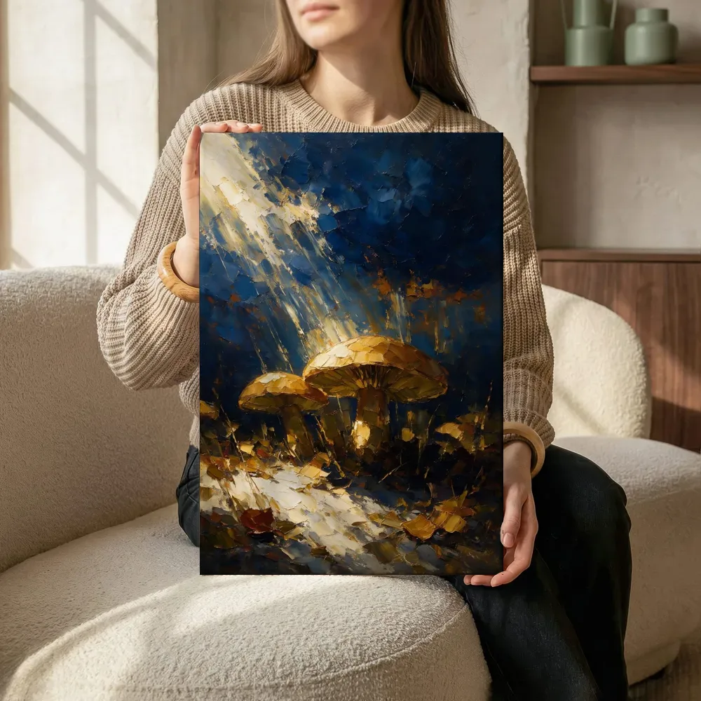 Paddenstoel onder een storm in goudoker, canvas schilderij uit de collectie lichtval