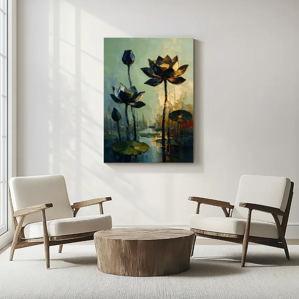 Lotus tegen de lucht in zwartgoud, canvas schilderij uit de collectie luxe & glamour