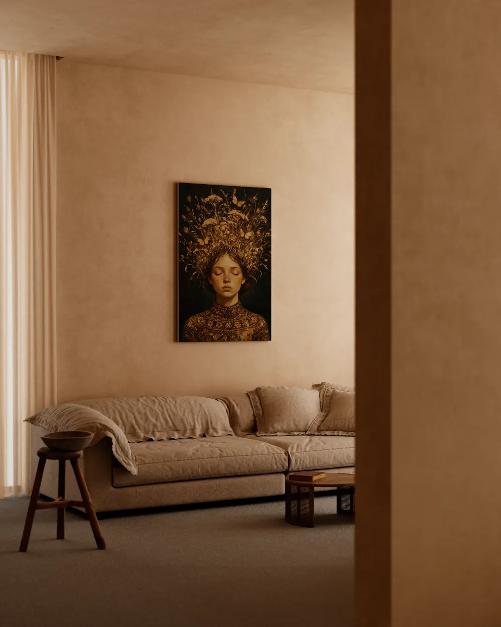 Vrouw met veldbloemen, olieverf in diep amberglans, canvas schilderij uit de collectie luxe & glamour