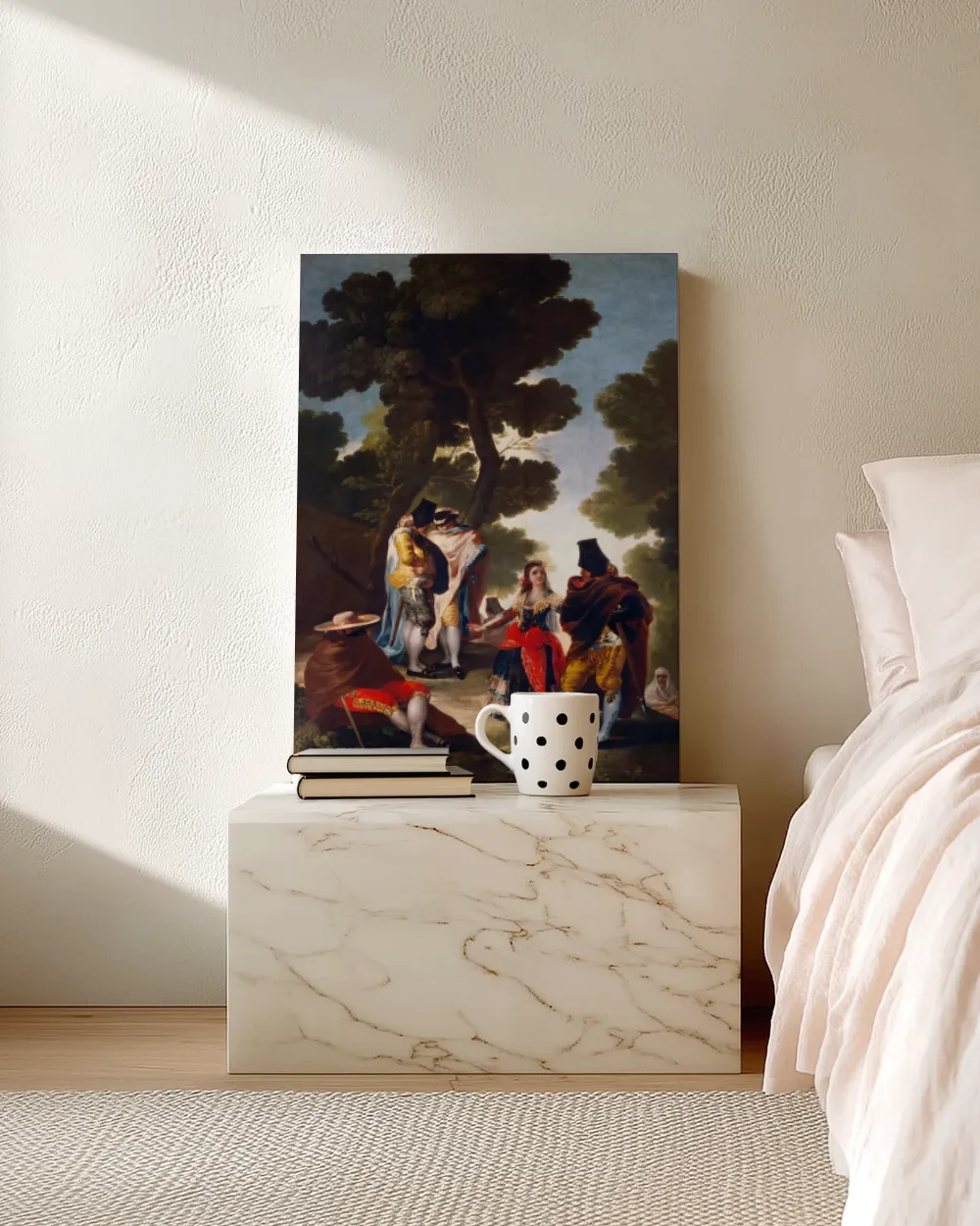 De mooie vrouw en de gemaskerde mannen van Francisco Goya, canvas schilderij uit de collectie mannen