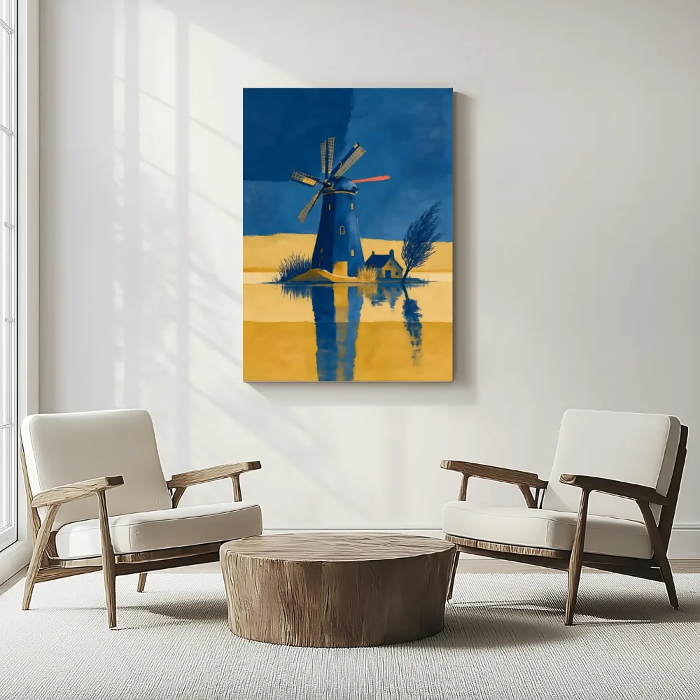 Molen in delftsblauw en mosterd, canvas schilderij uit de collectie marineblauw