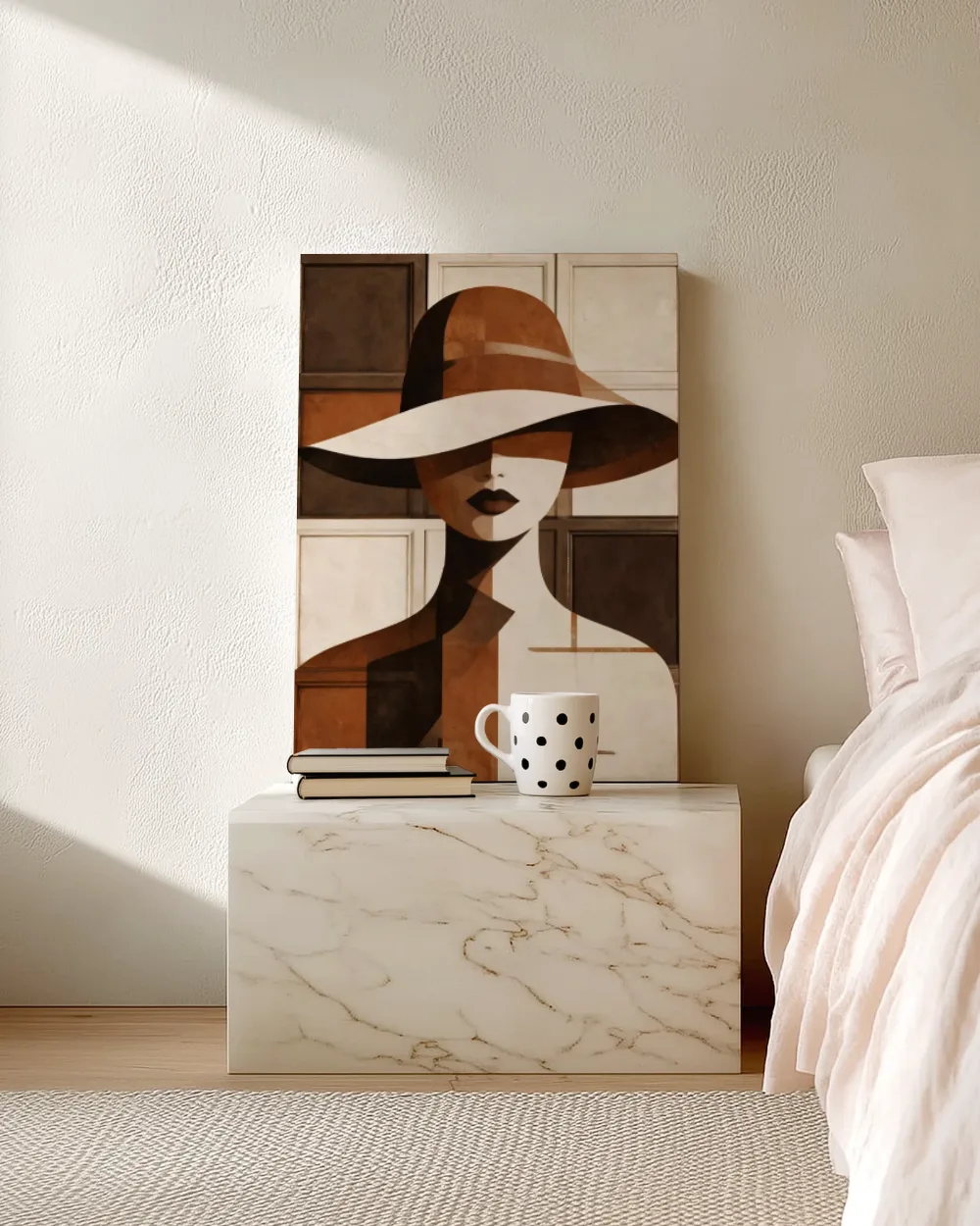 Figuur met brede hoed in sienna, canvas schilderij uit de collectie mensen