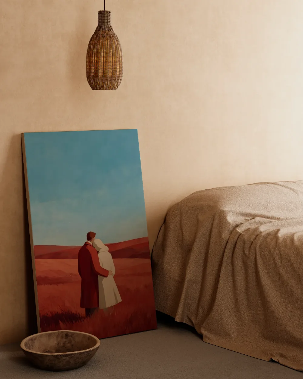 Twee figuren dicht bijeen in hemelsblauw, canvas schilderij uit de collectie mensen