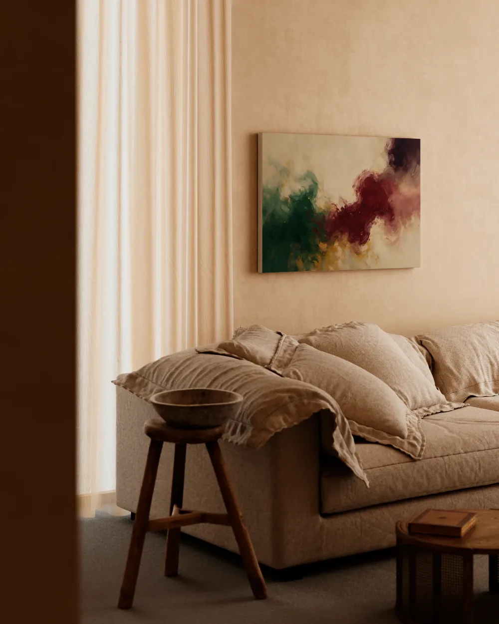 Abstracte compositie in zachte kleurvelden, bordeaux, canvas schilderij uit de collectie modern abstract