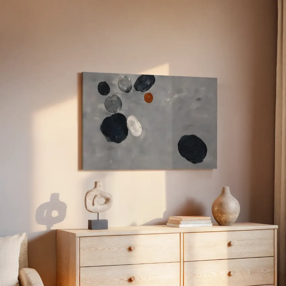 Abstracte compositie in organische vormen en drijvend, grijs, canvas schilderij uit de collectie modern abstract