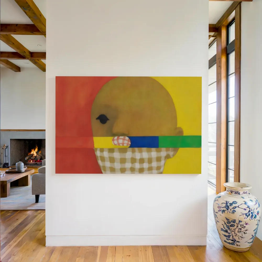 Opkomende zon als vorm in vier heldere kleuren naast elkaar, canvas schilderij uit de collectie modern abstract