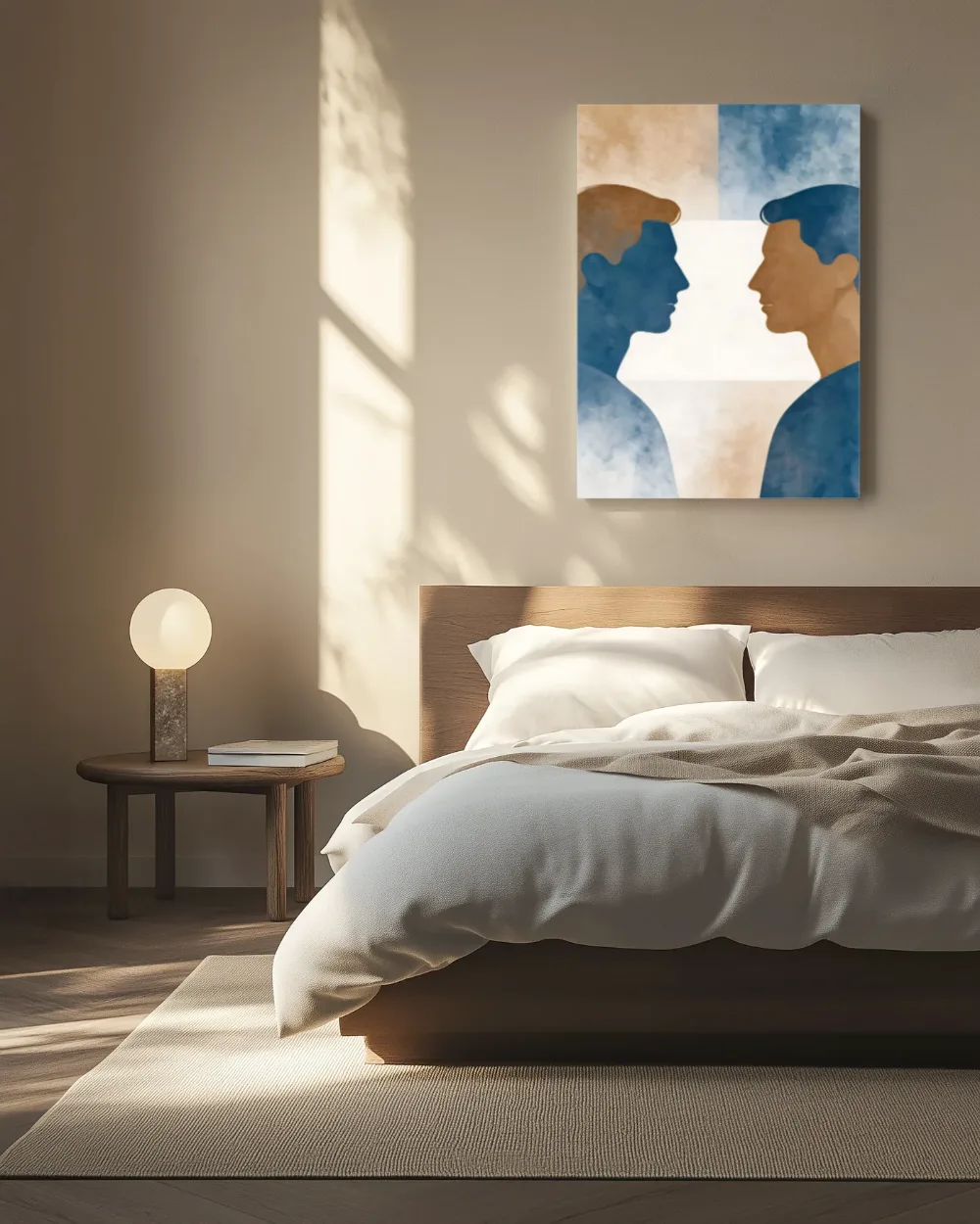 Twee mannen tegenover elkaar in denimblauw 2, canvas schilderij uit de collectie modern abstract