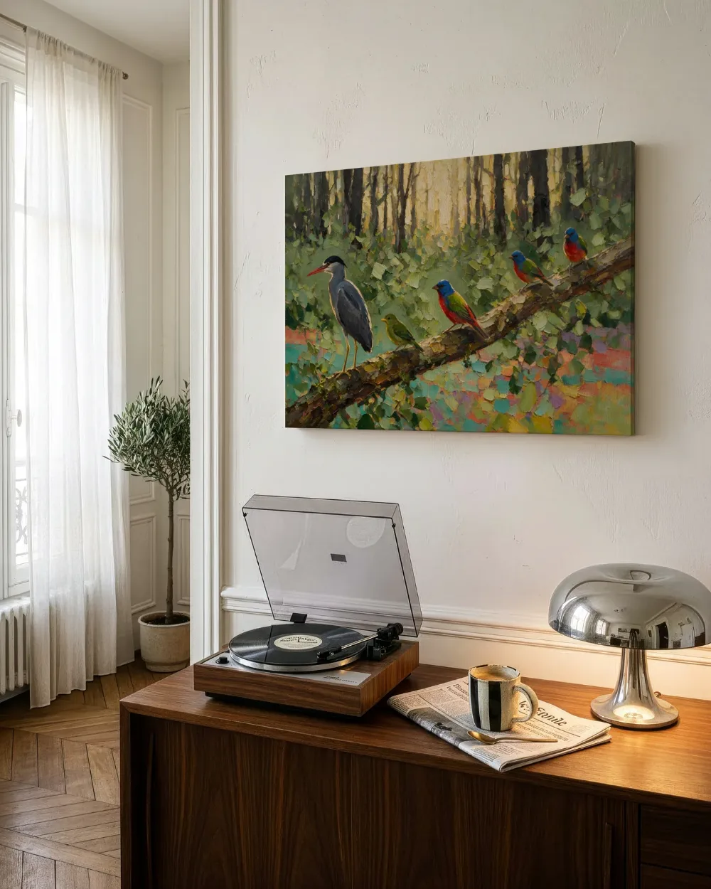 Wilde dieren in het bos in olijfgroen, canvas schilderij uit de collectie natuur