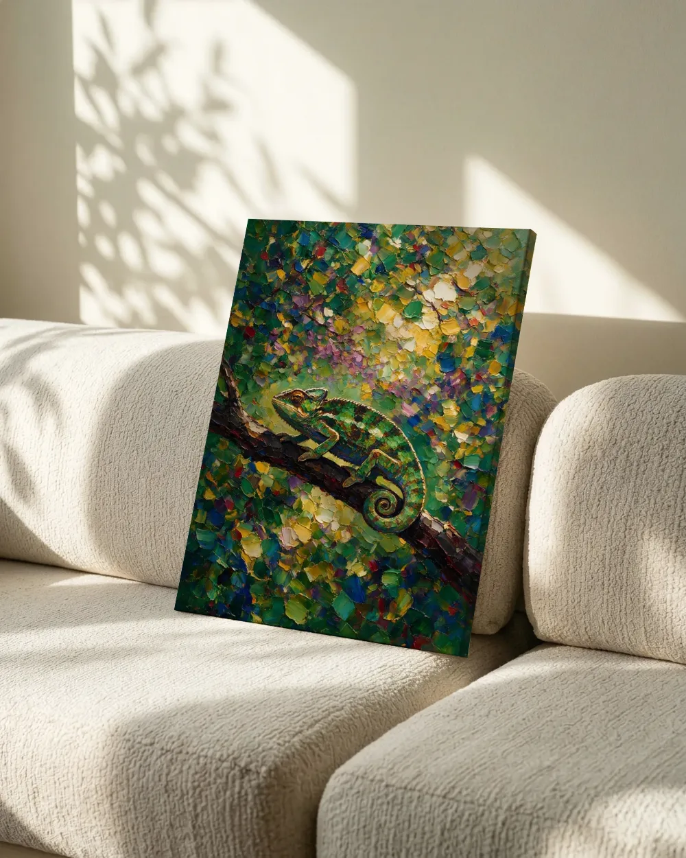Kameleon warm in het landschap bij bloesem, canvas schilderij uit de collectie natuur