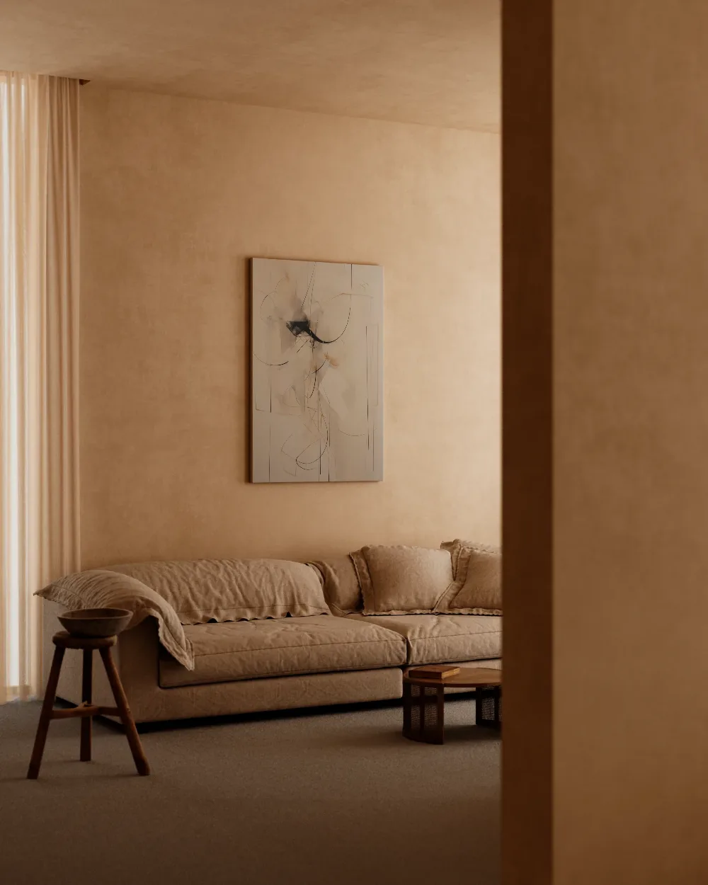 Beige lijnenspel met zwarte bogen, canvas schilderij uit de collectie neutrale tinten