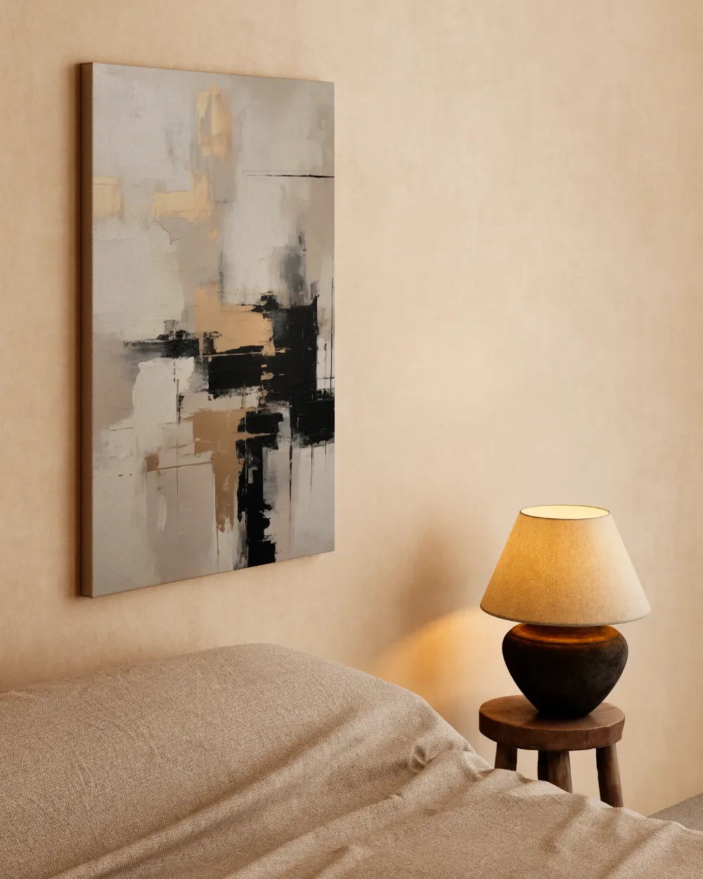 Abstract goud en zwart op beige, canvas schilderij uit de collectie neutrale tinten