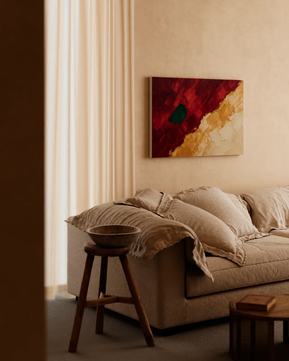 Diagonale vlakken paletmes, granaatappel in rood, canvas schilderij uit de collectie nieuw in de collectie