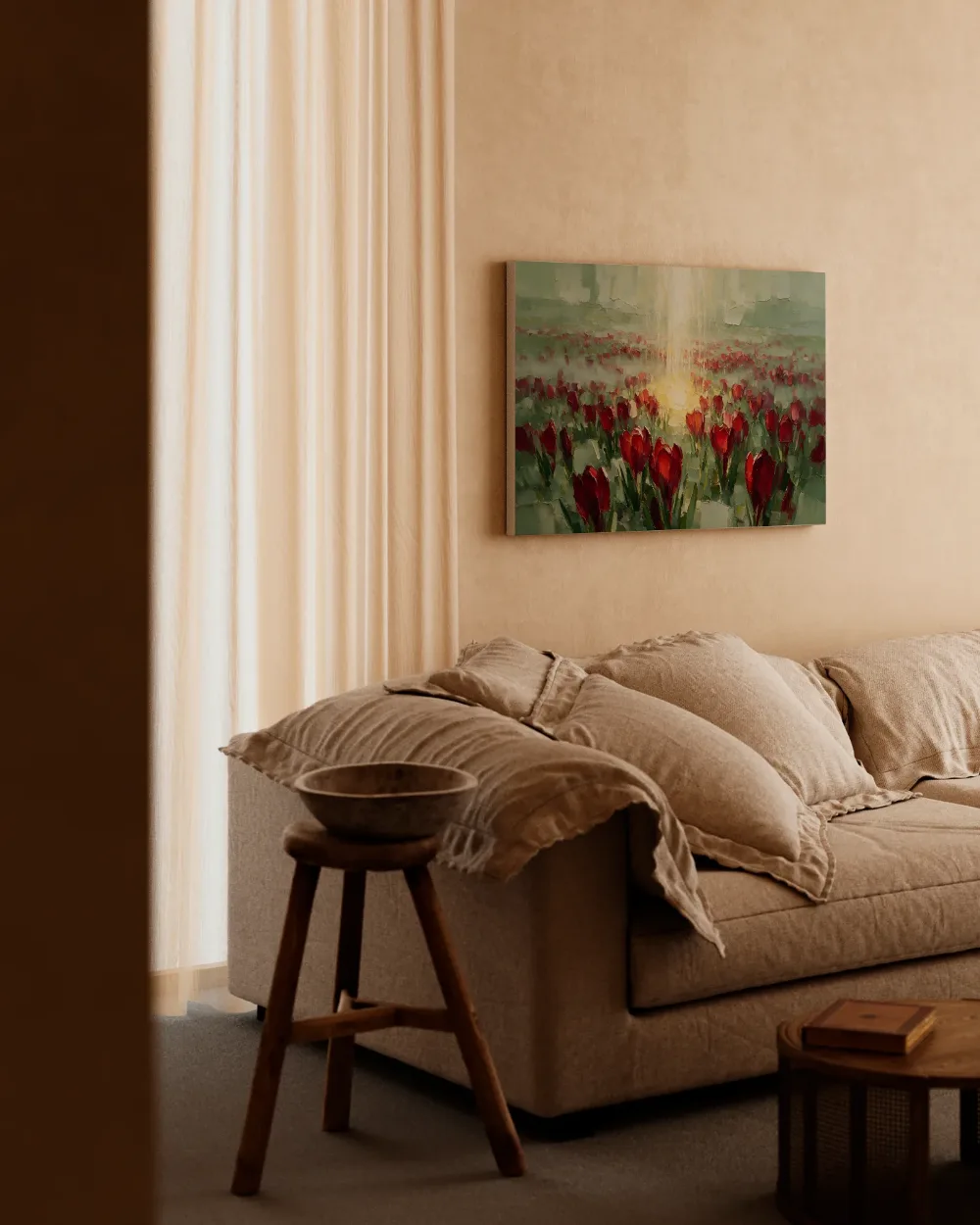Krokus in het landschap in karmozijn, canvas schilderij uit de collectie olieverf schilderijen